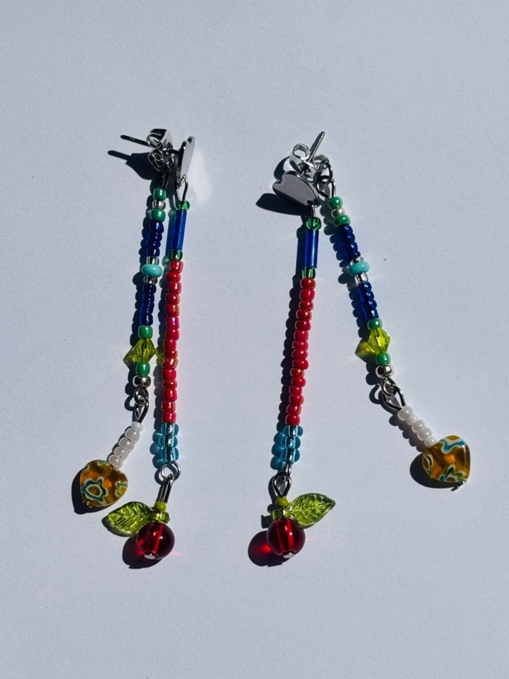 🍒 Handcrafted Heart Stud Colorful Beaded Dangle Earrings W/ Cherry Charms